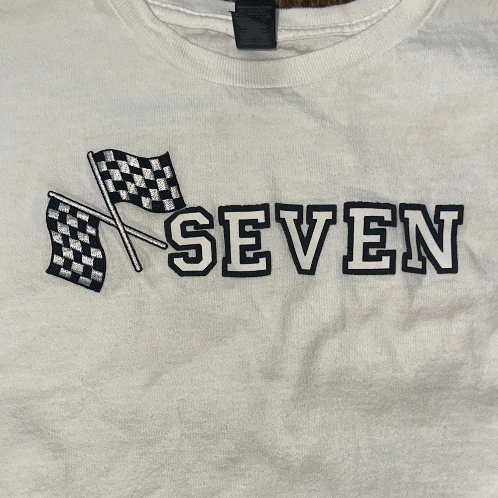Seven Kids Birthday Shirt White Graphic Tee Racing Flags 7 Party